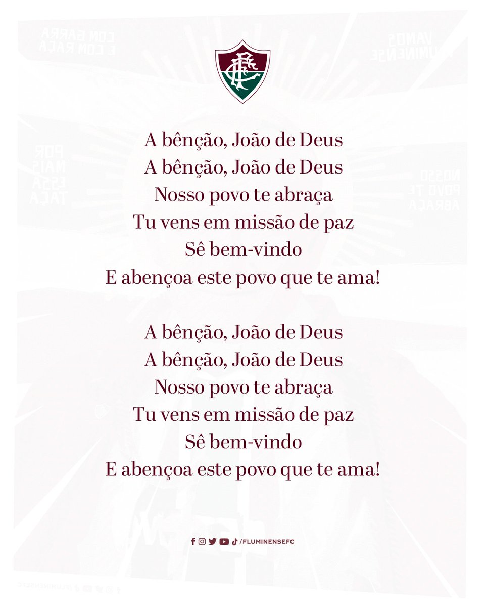 FluminenseFC's tweet photo. A bênção, João de Deus
Nosso povo te abraça
Tu vens em missão de paz
Sê bem-vindo
E abençoa este povo que te ama https://t.co/H1yOBxCmhS