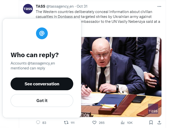 WatchLearnThink's tweet photo. Russia's TASS claims the West is hiding something, yet TASS hides any response I make.  Let that sink in https://t.co/gvtWsuK1Jh