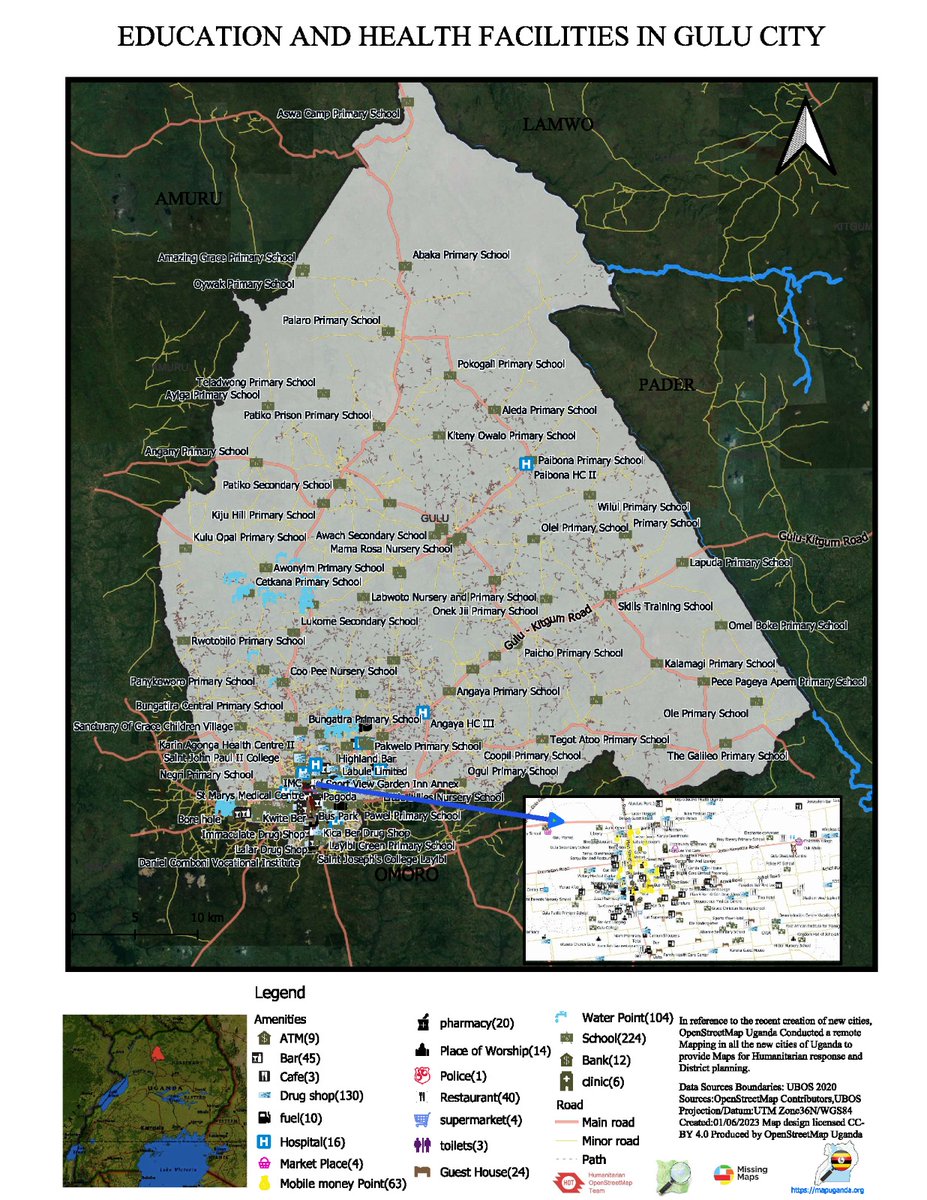 #30DayMapChallenge #Day1 here is a simply map of Gulu showing education and health facilities points. <a href="/osmuganda/">OpenStreetMap Uganda</a>