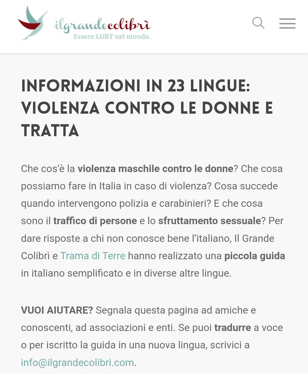 Guida breve in 23 lingue per situazioni di #violenza contro le #donne, #tratta e #sfruttamentosessuale
🇮🇹🇦🇱🇸🇦🇧🇩🇧🇦🇨🇳🇭🇷🇮🇱🇵🇭🇫🇷🇬🇧🇲🇩
🇲🇪🇮🇷🇵🇹🇧🇷🇷🇴🇷🇺🇷🇸🇱🇰🇪🇸🇩🇪🇺🇦🇵🇰
🌈👇🏽
ilgrandecolibri.com/violenza/
