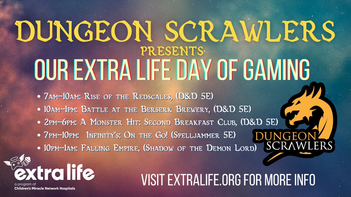 DungeonScrawl's tweet image. It's @ExtraLife4Kids #DayofGaming this weekend and we have a ton of great games all day long, raising money for Children's Miracle Network!  

extra-life.org/index.cfm?fuse…