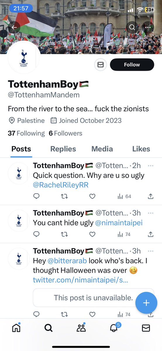 jamesW705's tweet photo. .@metpoliceuk .@SuellaBraverman  .@CST_UK .@antisemitism
 .@elonmusk This account is spewing #JewHate, targeting Jews and celebrating the massacre of Jews. https://t.co/BFhH8tBuEx