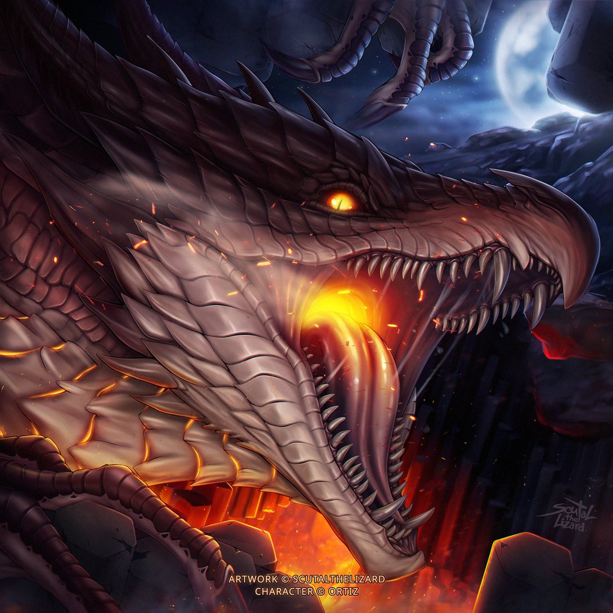 Comm for Ortiz from FA.
Guests are not allowed! ⛰️🐉🔥
You must be either reckless, or brave, or just stupid. Who else in their right mind would climb into an obviously already occupied cave in scorched trenches with rivers of lava? But it seems it's too late to think about it..