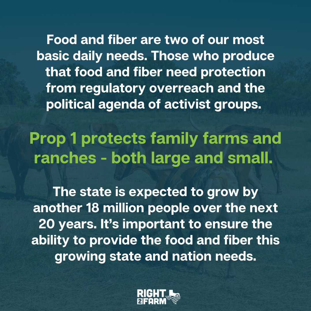 Why protect farming and ranching in the Texas Constitution? Prop 1 safeguards Texas farms and ranches. With the state's population set to grow by 18 million, it's vital to ensure a steady supply of food and fiber for our growing state and nation. 🚜 🗳️