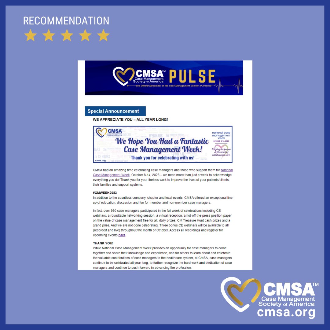 CMSANational's tweet image. #RecommendationWednesday:
Are you looking for a reliable source of #CaseManagement news, education updates, event highlights, and invaluable resources? Look no further! Sign up for our #CMSAPulse Newsletter, your go-to for staying informed:🔗 cmsa.org/cmsa-pulse/
#CMSA