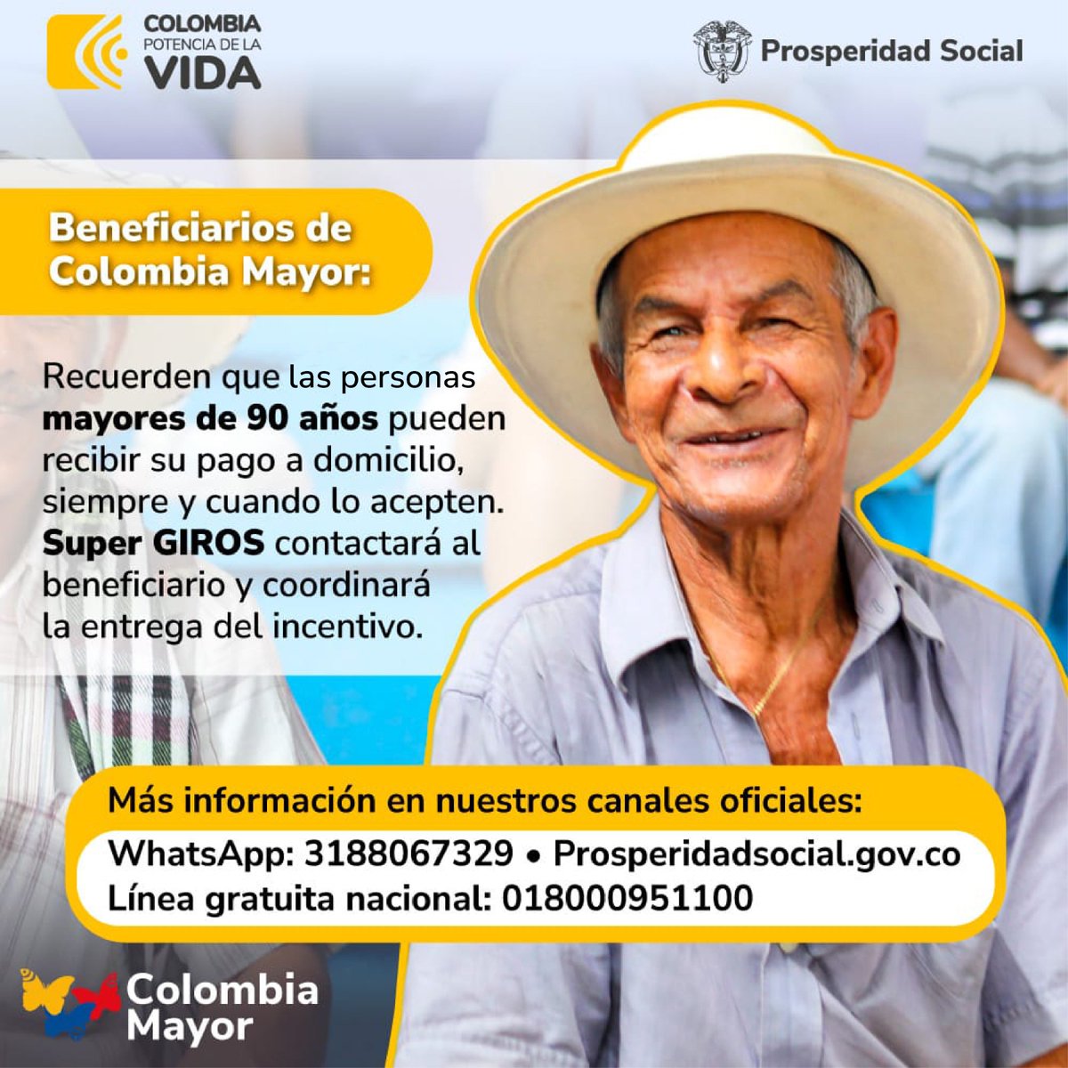 ProsperidadCol's tweet photo. Beneficiarios de #ColombiaMayor con más de 90 años y familiares: recuerden que si así lo requieren, pueden recibir el subsidio a domicilio. 

Mayor información en la línea nacional de Super Giros 018000 413 767.

La entrega de los recursos se hará hasta el 16 de noviembre. https://t.co/nXHBpIOXph