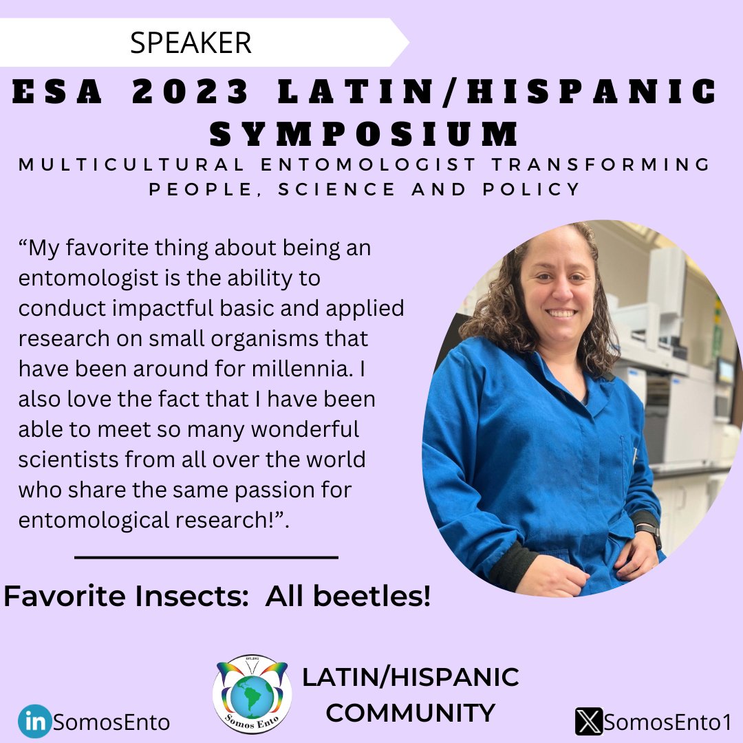 Somosento1's tweet photo. Meet @Jaquelineserrano, one of our invited speakers for the @EntsocAmerica 11th Latin/Hispanic Symposium. Jaqueline is a research entomologist at USDA-ARS. Her research focuses on chemical ecology. #SomoEnto #EntoSoc23 https://t.co/0Vykvexum1