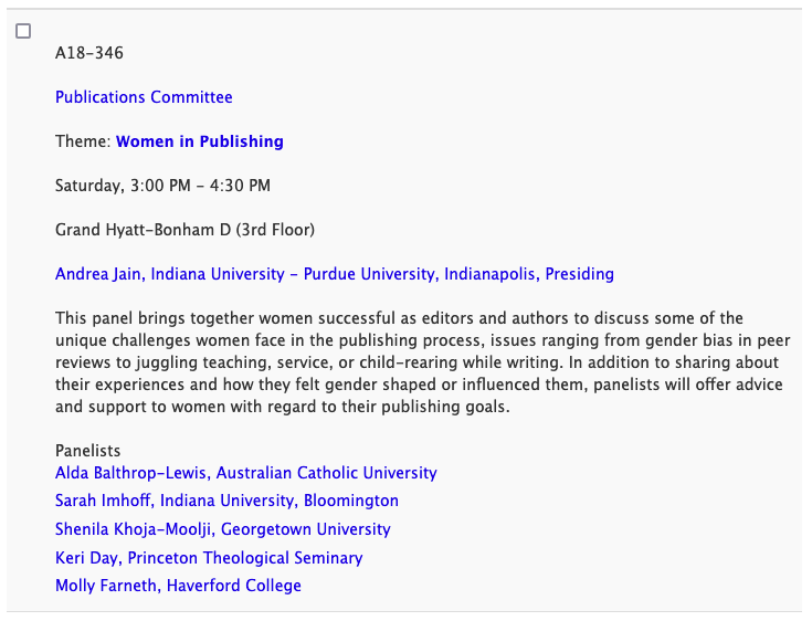 heeeeey women and their gender diverse friends coming to <a href="/AARWeb/">American Academy of Religion</a> #AARSBL23 maybe you want to check out this awesome session where we talk together about publishing. you can hang out with <a href="/Drkeriday/">Keri Day</a> <a href="/Prof_girlfriend/">Sarah Imhoff</a> <a href="/SKhojaMoolji/">Dr. Shenila Khoja-Moolji</a> @mollyfarneth Andrea Jain and it will be super fun.