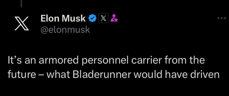 Elon Musk: *whispering to sex robot he created as rick deckard comes on screen* that's bladerunner