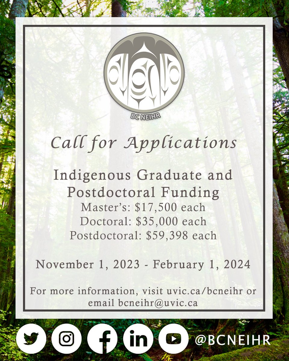 BC NEIHR Graduate and Postdoctoral Funding Call Opens Today! 
Information about each grant and all of the application materials can be found on our website:
bit.ly/3nNsrCV/ 
Deadline: February 1, 2024.
Please share this opportunity with your Networks!