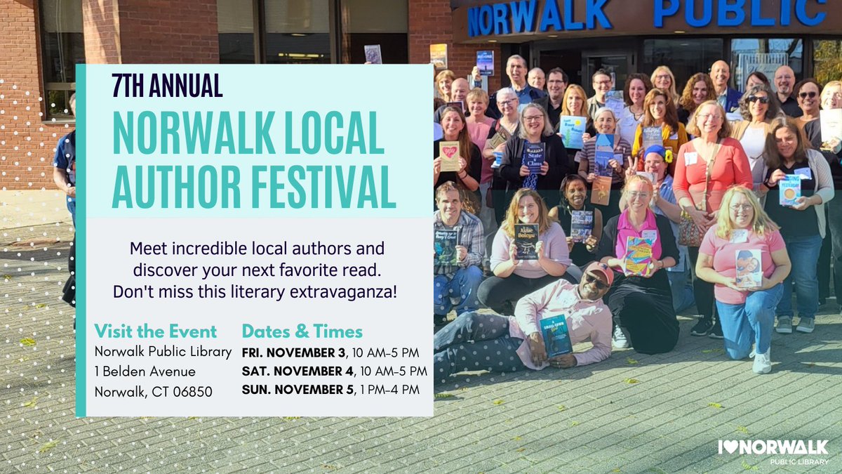AuthorRandeG's tweet photo. Come visit the 7th Annual Norwalk, CT Local Author Festival This weekend and say hi!
FRI. NOVEMBER 3, 10 AM-5 PM
SAT. NOVEMBER 4, 10 AM-5 PM
SUN. NOVEMBER 5, 1 PM-4 PM https://t.co/jtC4Jzcv9R