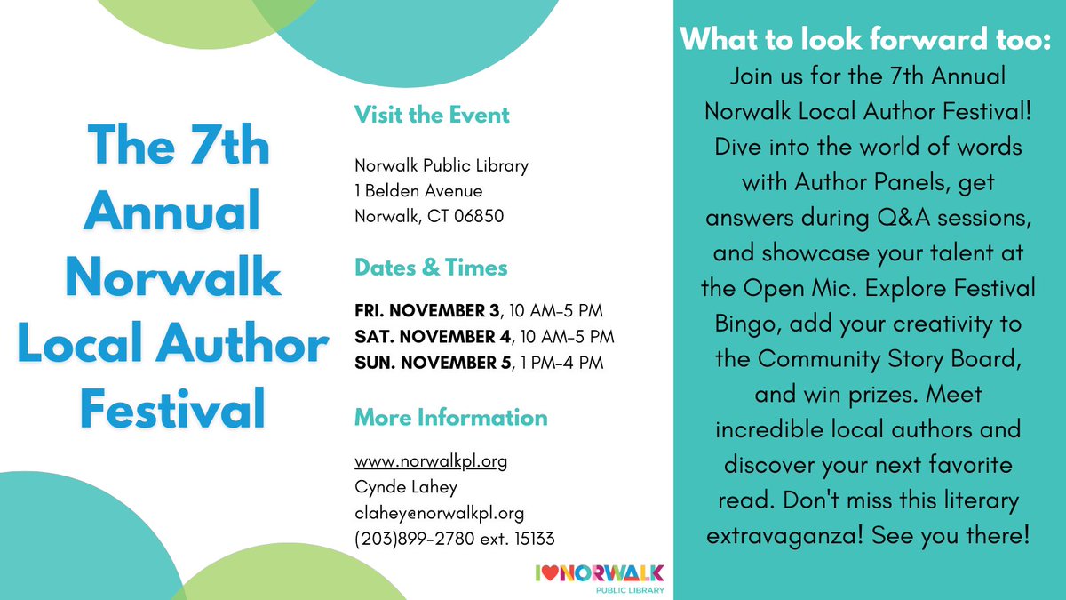 AuthorRandeG's tweet photo. Come visit the 7th Annual Norwalk, CT Local Author Festival This weekend and say hi!
FRI. NOVEMBER 3, 10 AM-5 PM
SAT. NOVEMBER 4, 10 AM-5 PM
SUN. NOVEMBER 5, 1 PM-4 PM https://t.co/jtC4Jzcv9R