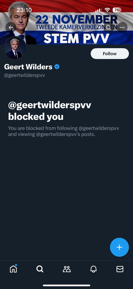 Oei, het opperhoofd van de partij vóór vreemdelingen heeft me geblokkeerd, zonder dat ik ooit iets schokkends heb getweet. Blijkbaar bang dat z’n businessmodel onder druk komt te staan.