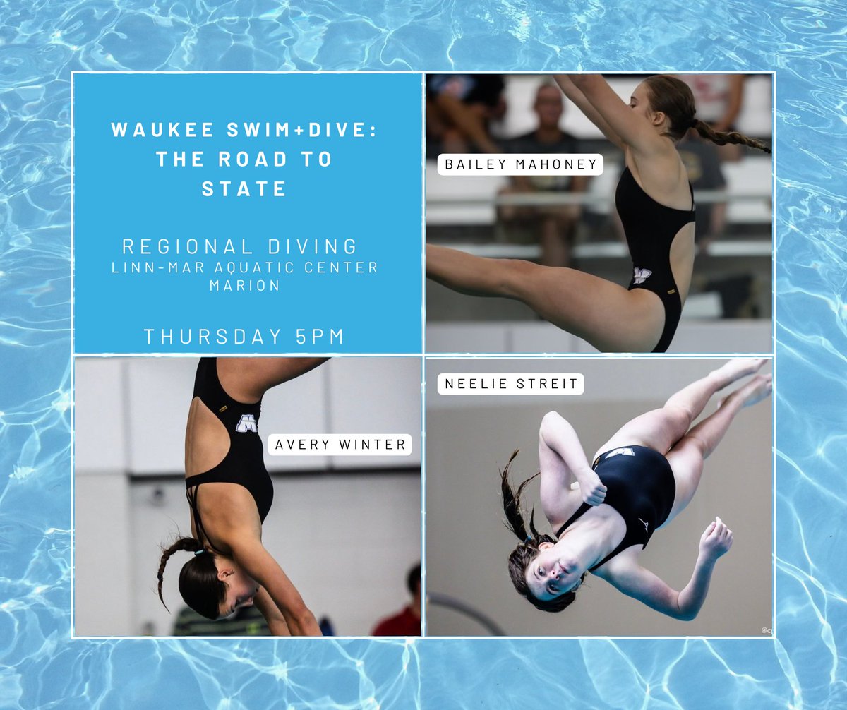 The road to state continues for Waukee Girls Swim &amp; Dive! 

Best of luck to Bailey Mahoney, Neelie Streit, and Avery Winter as they compete THURSDAY at the Regional Diving Meet! 

📍Linn-Mar Aquatic Center - Marion
⏰ 5:00 pm
🎟️ gobound.com/ia/ighsau/gsw/…