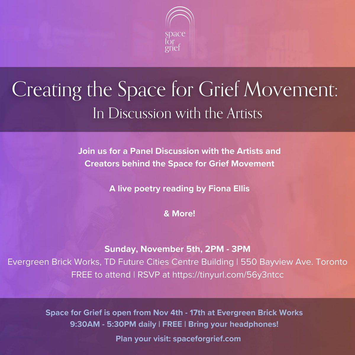 space_for_grief's tweet image. Opening Event 🎉 This Sunday Nov 5 join us at @EGBrickWorks for a discussion with the artists behind the #SpaceForGrief Movement! 2-3PM and featuring a poetry reading from Fiona Ellis and more. RSVP here: tr.ee/yQfzexFU6C

#Placemaking #TorontoEvents #ImmersiveArt