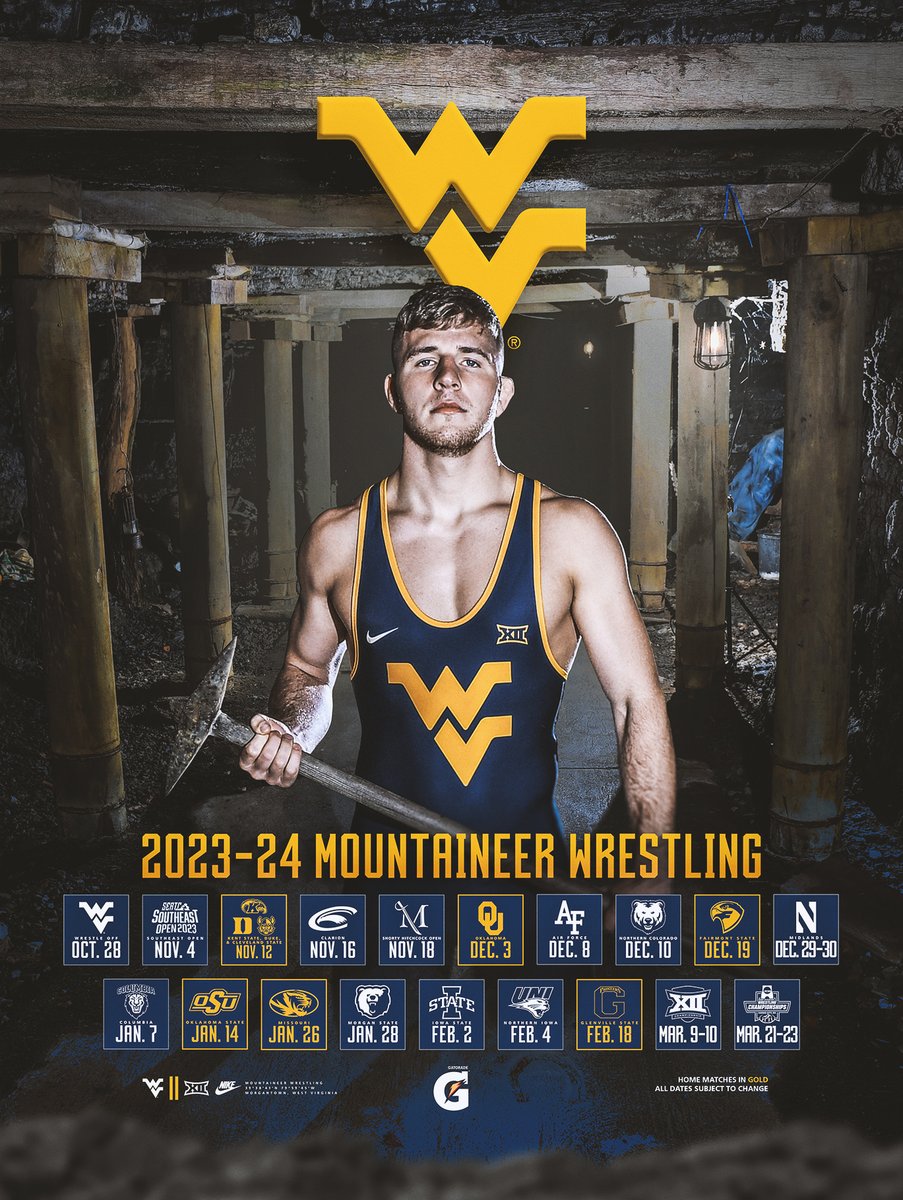 WVUWrestling's tweet photo. 𝙒𝙚 𝙘𝙖𝙢𝙚 𝙛𝙧𝙤𝙢 𝙩𝙝𝙚 𝙒𝙚𝙨𝙩 𝙑𝙞𝙧𝙜𝙞𝙣𝙞𝙖 𝙘𝙤𝙖𝙡 𝙢𝙞𝙣𝙚𝙨.

Our 2023-24 schedule poster 🔥 https://t.co/AgkKWuFtKB