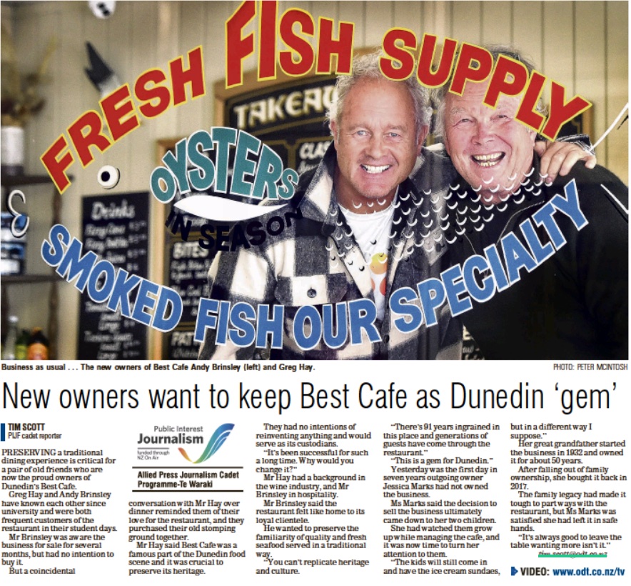 StephenClarkeNZ's tweet photo. Hard to sell a family bz, especially one you've bought back, but you've got to follow your gut feeling for what's best for you & fam. But made easier when you sell to passionate new owners like Andy & Greg. Best story! #BestCafe #Ōtepoti #Dunedin 📹https://t.co/gf4KmAnCRd https://t.co/4N597BweAI