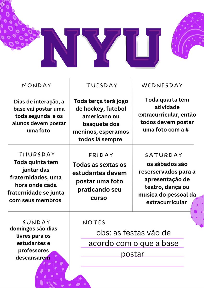 NYUBASE's tweet image. CALENDÁRIO SEMANAL DA NYU, VEM MTAS COISAS POR AÍ…
@gossip_nyu @DIVULGANYU