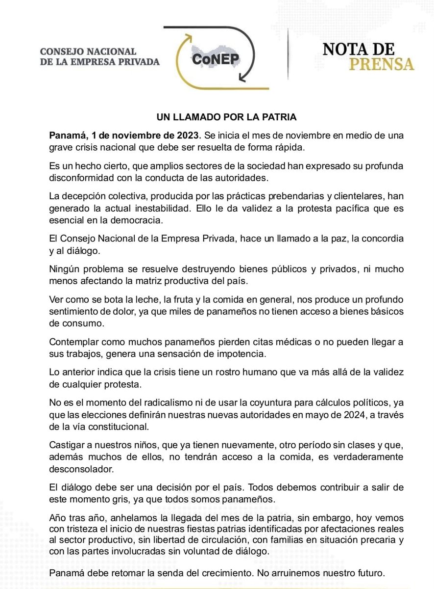 El Consejo Nacional de la Empresa Privada, en el inicio del mes de la patria y en medio  de la grave crisis que vivimos hace un llamado a la paz, y al diálogo, donde todos contribuyamos a la salida de este momento gris y retomemos la senda del crecimiento.