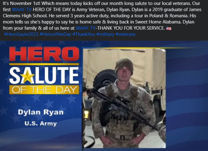mariewaxel's tweet photo. Our @WAAYTV Hero of the Day Salute πΊπΈ
#thankyou #herooftheday2023 #herosalute #veterans #army https://t.co/2ijvAhqDmP