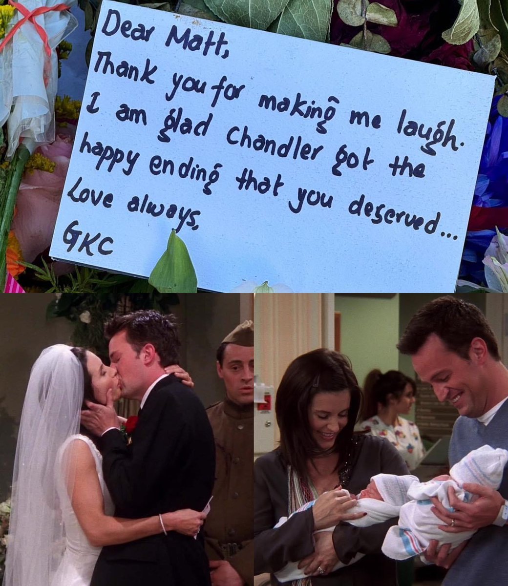 EleonoraDAmore's tweet photo. "Caro Matt,
grazie per avermi fatto ridere. Sono felice che Chandler abbia avuto il lieto fine che meritavi. Ti ameremo per sempre, GKC" (Uno dei biglietti lasciati dai fan fuori l'edificio di #Friends a New York) #matthewperry #chandlerbing #friendsseries https://t.co/5Eepuw1wWc