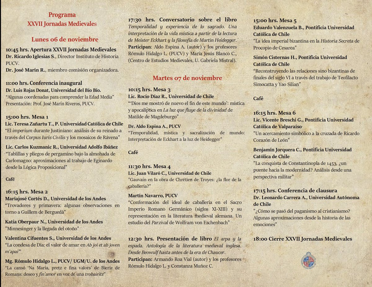 jose_marin_r's tweet photo. Programa de las XXVII Jornadas Medievales de la PUCV.
Participan #PUCV #UBioBio #UAI #UC #UAndes #UChile #UGM #UAutonoma

Favor RT hasta el infinito https://t.co/1U2E8CtI4s