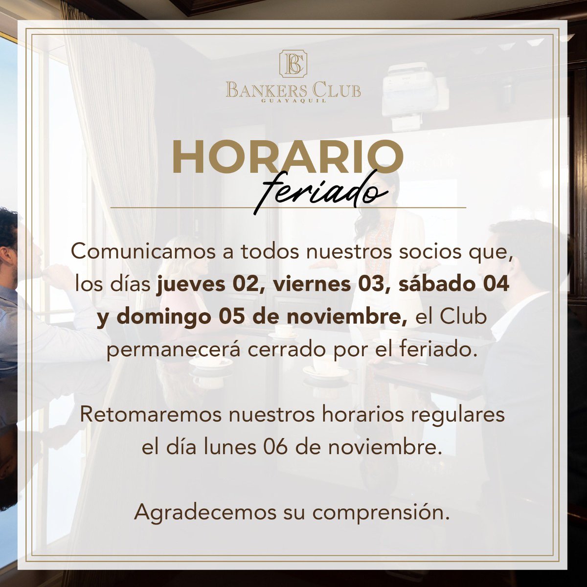 BankersClub_ec's tweet photo. Comunicamos a todos nuestros socios y clientes que el Bankers Club estará cerrado durante este feriado. El servicio de delivery tampoco estará disponible durante estos días. Agradecemos su comprensión. https://t.co/a1xuxJg4kv