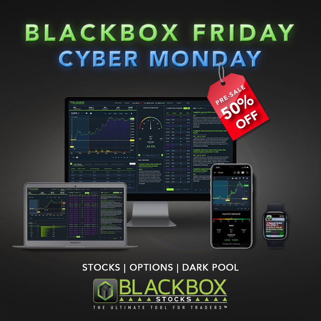 The BlackBox Friday Sale is finally here!  Get the BEST value in trading with our Real-Time Stocks &amp; Options

Alerts, GoNoGo Trend Indicator, News, Insider Buying data, Dark Pool features

Incredible value at 50% off!!

Don't wait! 

staygreen.blackboxstocks.com/SHOs