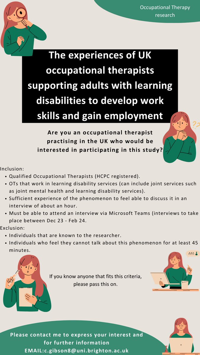 Hi all, I am recruiting for my OT Masters Dissertation. Please see below, contact me if you are interested in taking part or if you know someone suitable that would be interested. 

#OccupationalTherapy #OT #Learningdisability #LearningDisabilities #Occupationaltherapist