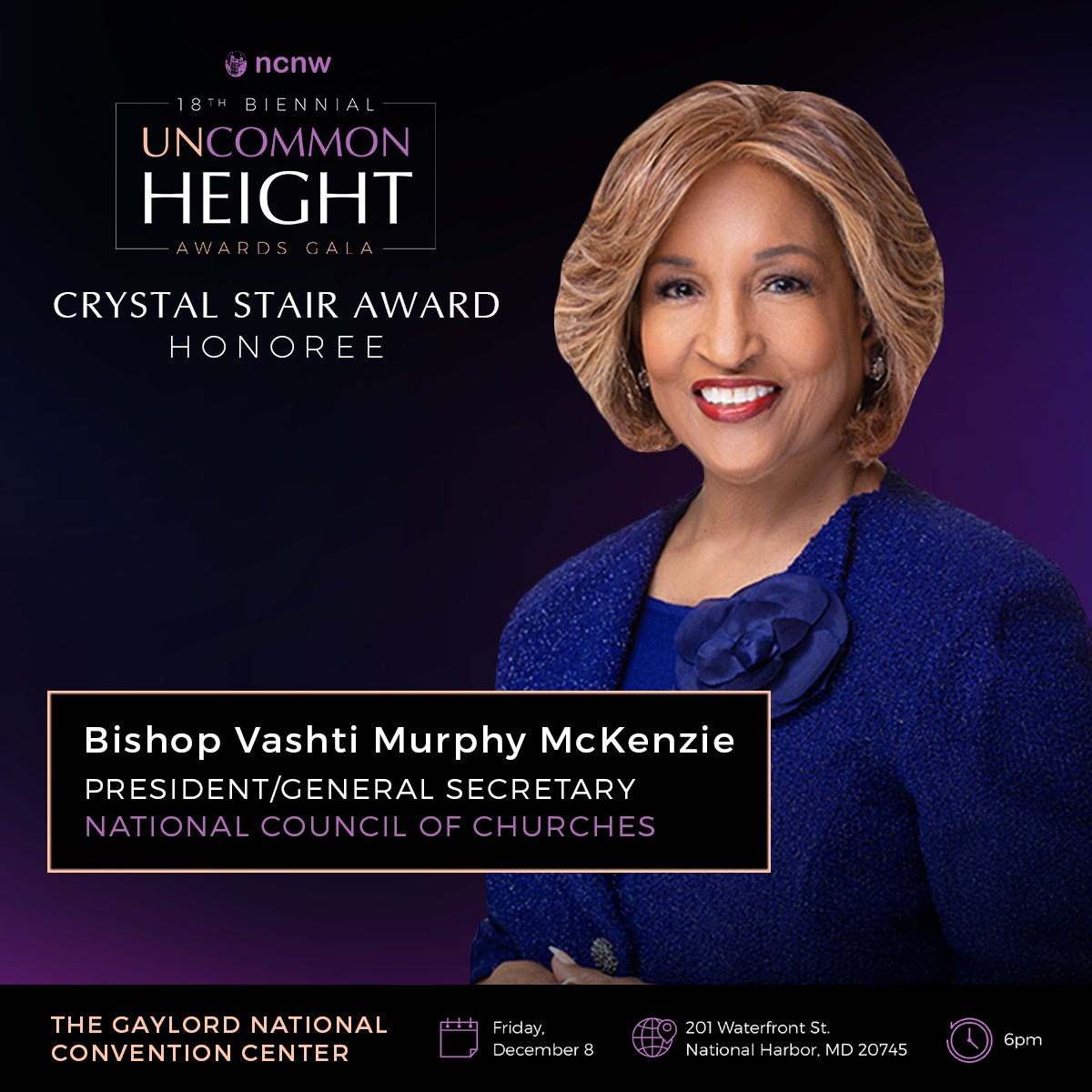 NCNW is proud to announce that Bishop Vashti Murphy McKenzie will be the Crystal Stair Award Honoree at the 18th Biennial Uncommon Height Awards Gala. Buy tickets here: bit.ly/uncommonheight. #uncommonheight2023 #awards Learn more at ncnw.org @shavonarline