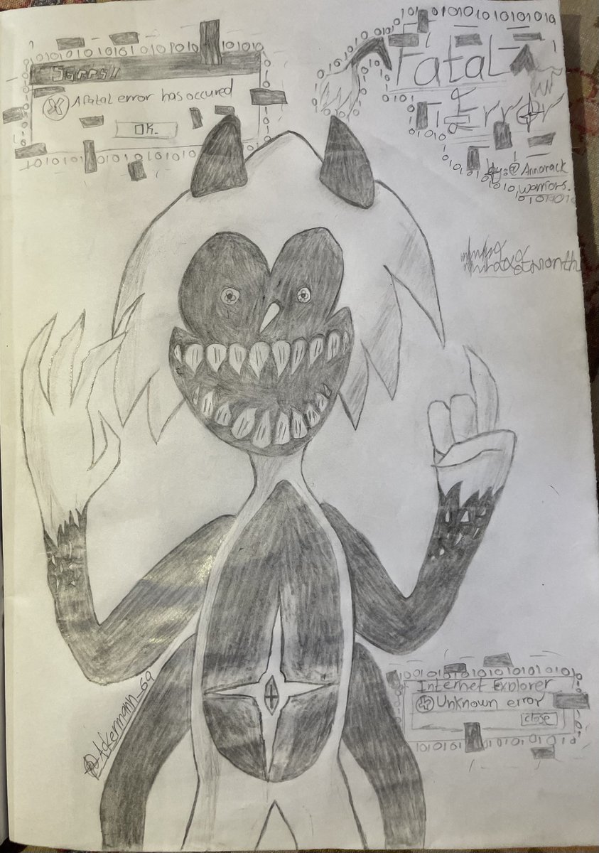 AckerDraws's tweet image. It is finally November….
SO today is the start of Exemonth!
Week 1: Peak. 
Day 1: Fatal Error (Sonic Vessel).
By @AnarackWStudios 
#sonicexe #fatalerror #fatalerrorsonic