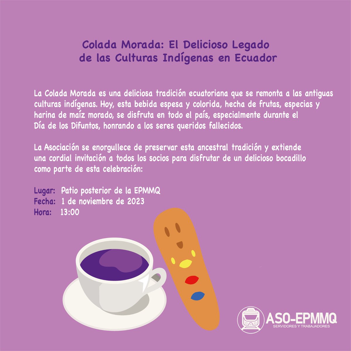 ASOEPMMQ's tweet photo. ¡Reforzando nuestras tradiciones!
Hoy compartimos con nuestros asociados la tradicional Colada Morada 💜 y la Guagua de Pan 🥖 en un tiempo de compartir entre todas y todos rescatando nuestras costumbres y mejorando las relaciones al interno de la empresa. https://t.co/d1KpBdCJQG