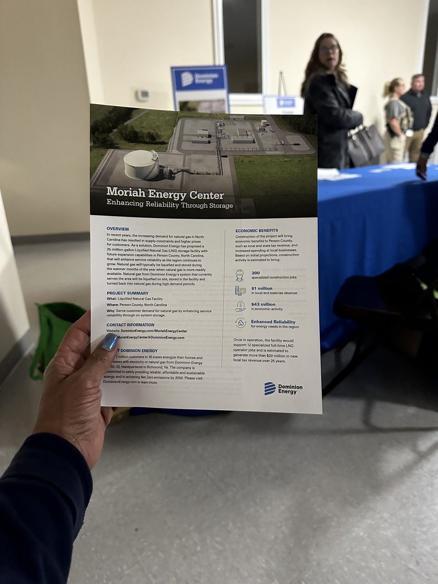 '🎉 Great turnout in @PersonCountyNC for Open House about planned state-of-the-art LNG facility. Top-notch @dominionenergy team here to share its many benefits & role in fueling the future.🔥 Come  join us at the PC auditorium. More at DominionEnergy.com/MoriahEnergyCe…