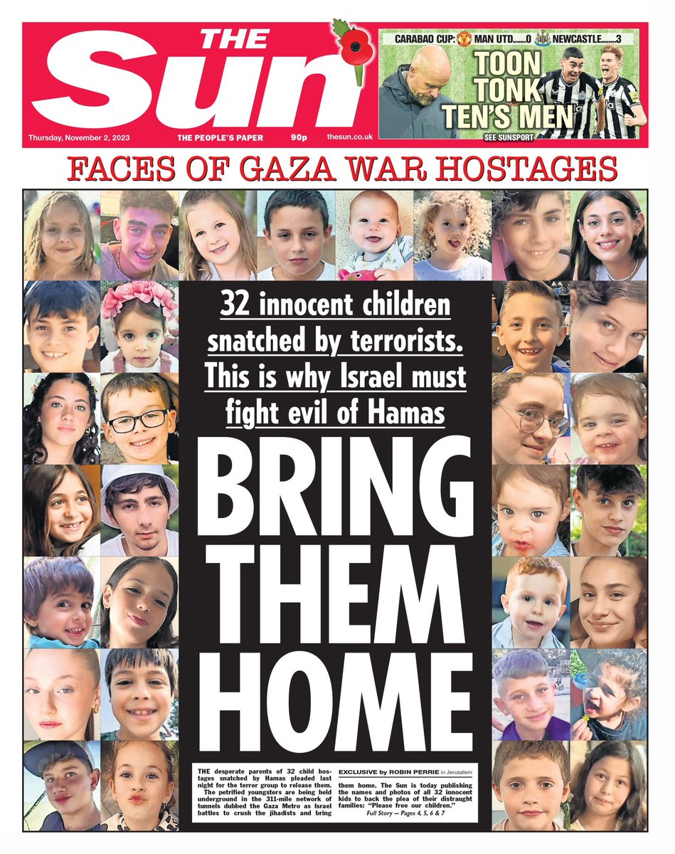 Our stolen children are being held in dark tunnels by bloodthirsty armed terrorists who tortured and slaughtered their families and neighbors. Phenomenal front page by @TheSun drawing attention to the inexcusable ongoing war crime of their abduction.