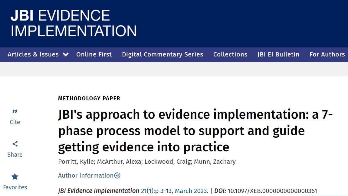 JBI EVIDENCE IMPLEMENTATION (@jbi_ei) on Twitter photo JBI's approach to implementing evidence into practice is outlined in a 7-phase model that uses context analysis, facilitation and evaluation.
This paper provides an overview of JBI's approach to evidence #implementation.
#JBIMethodology #JBIPACES
tinyurl.com/vvatwfmy JBI's approach to implementing evidence into practice is outlined in a 7-phase model that uses context analysis, facilitation and evaluation.
This paper provides an overview of JBI's approach to evidence #implementation.
#JBIMethodology #JBIPACES
tinyurl.com/vvatwfmy