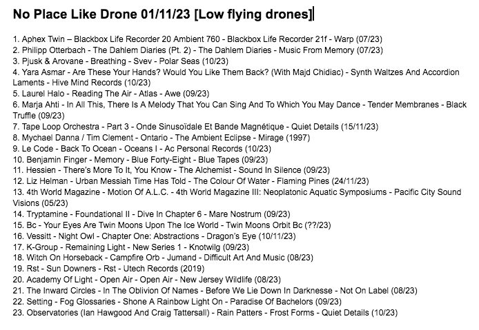 noplace_drone's tweet photo. Thanks for dropping by. We are back Nov 29th. 

Tonight's roster:
@arovane1
@andrewboats
@LeCodeMusic
@benjaminfinger
@FlamingPines
@dragonseyerec 
@quietdetails_ 
@soundinsilence_ 
and others. https://t.co/QDWBzD7KGb