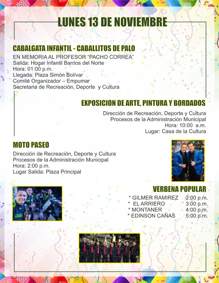 AlcaMarsella's tweet photo. #FiestasDeLaAmistad🎉 Del 10 al 13 de noviembre se cumplirá toda una variada programación musical con grandes artistas invitados de géneros bailables entre otros, actos culturales, artísticos y recreo deportivos, en el marco de las 53 Fiestas de la Amistad💃🕺🎊. https://t.co/zO9y786QQ1