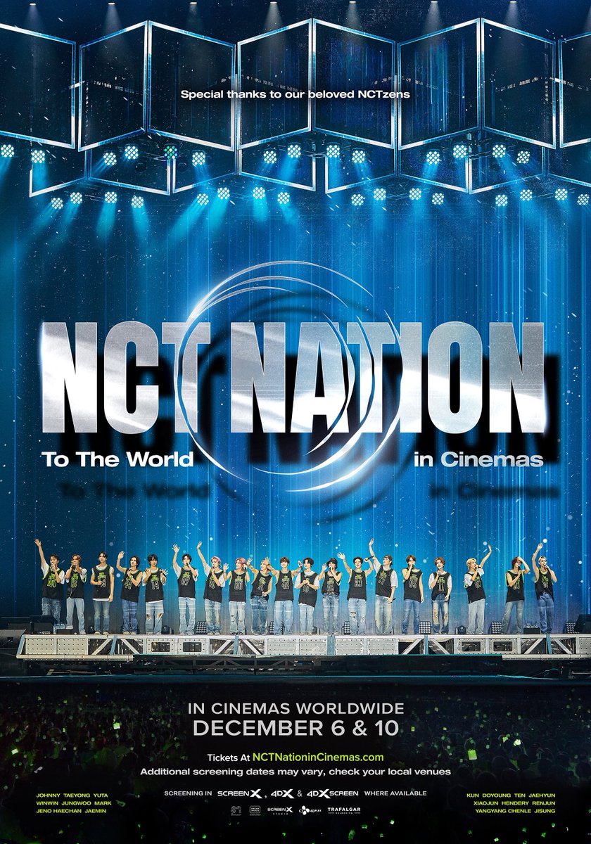 NCT NATION : To The World in Cinemas 【NCT ON THE BIG SCREEN】 ➫ In cinemas starting from Dec 6 SCREENING IN ScreenX, 4DX, & 4DXScreen where available 🎬 Tickets on sale Nov 9 (8am KST) Nov 8 (6pm ET, 11pm GMT) 📨 More Info KR - CGV 공개예정 INTL -