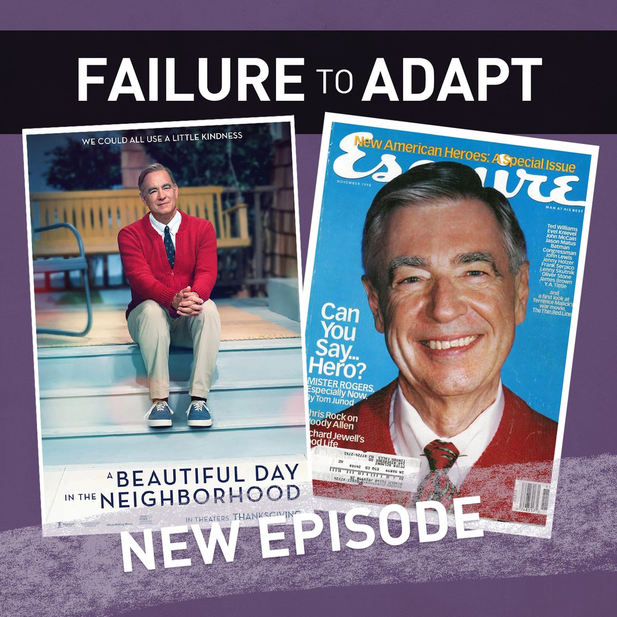 Today TODAY! We get into fact vs fiction, the man vs the legend, interviewees that are impossible to interview. That's right we're talking MR. ROGERS! As played by Tom Hanks and also as depicted in the esquire article entitled: Can You Say Hero?  

Listen now!
