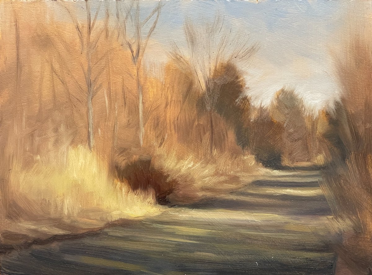 5:30 pm as the last of dawn's golden light poured through the now sparse tree tops. Soon we will turn back our clocks and usher in the winter.

#fall #fallart #autumnart #goldenhour #fineart #oilpainting #landscapeart #seasonalart #artwork #naturebeauty #natureart #artlovers