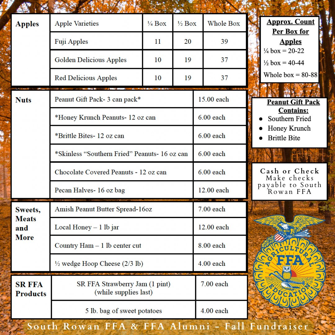 ✨𝑺𝒐𝒖𝒕𝒉 𝑹𝒐𝒘𝒂𝒏 𝑭𝑭𝑨 𝑭𝒂𝒍𝒍 𝑭𝒖𝒏𝒅𝒓𝒂𝒊𝒔𝒆𝒓✨ 
Our annual fall fundraiser is happening now! 🍎🥜🧀🍯 <a href="/southrowanFFA/">South Rowan FFA</a>