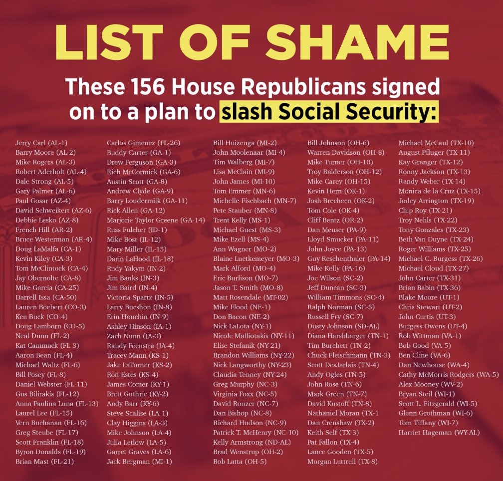 Coste1Costello's tweet photo. 🧰🧰🧰
If you only retweet ONE thing this week, let it be this list of the 156 House Republicans who voted to RAISE the retirement age for Social Security to age 70

Don't let them get away with it. Spread the list of shame https://t.co/5oZEacBdOm