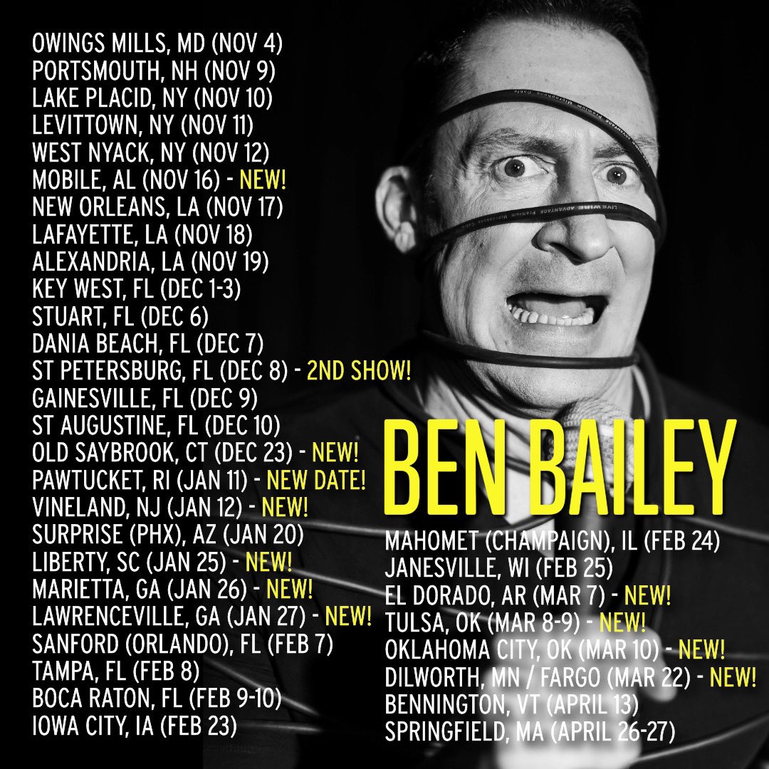 This might be getting out of hand… 

More dates added (and even more on my website), including #MobileAL on Nov 16 @alabamamusicbox.

Head to TheRealBenBailey.com