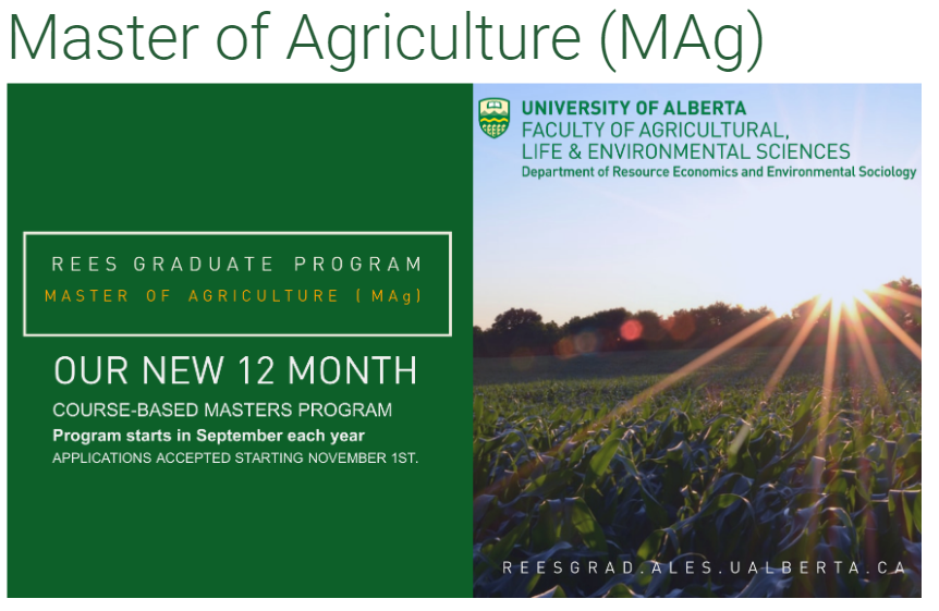 Discover the 12-months Master of Agriculture (MAg) program (lnkd.in/gydinida) at the University of Alberta – Your Path to Excellence