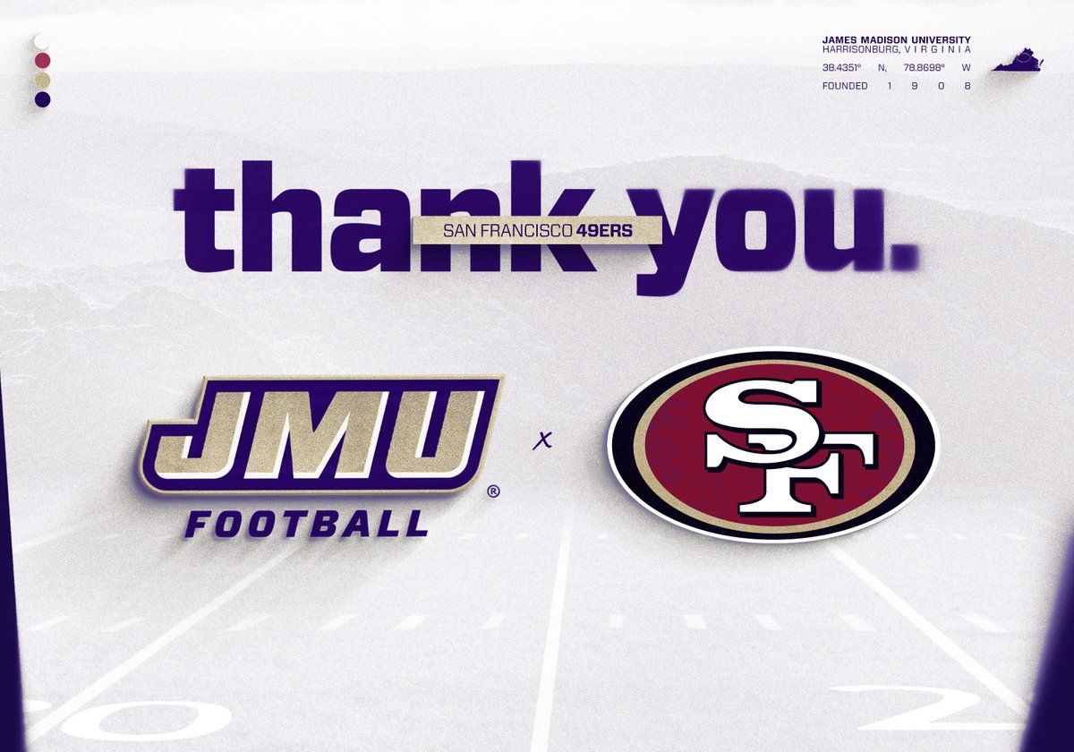 JMUFootball's tweet photo. Thanks to the @49ers for passing through Harrisonburg again to check in with the Dukes today!

#GoDukes https://t.co/INAyFUYcq0