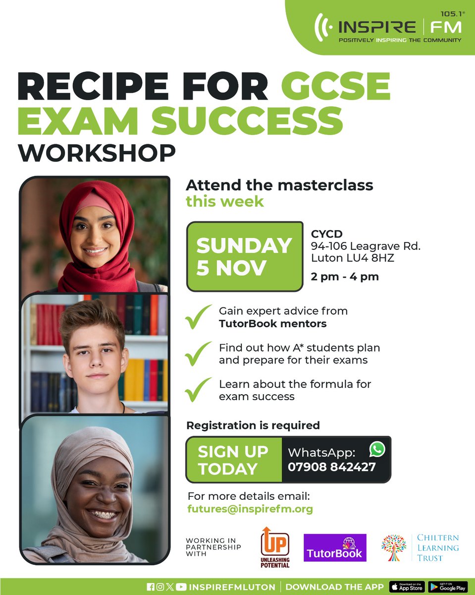 Please help promote our 'Recipe for GCSE Exam Success' workshop which returns on Sun 5 Nov (2pm-4pm). Aimed at Y10 and Y11 pupils, it is delivered by the brilliant @tutorbook_ mentors. Share with your networks 👇
