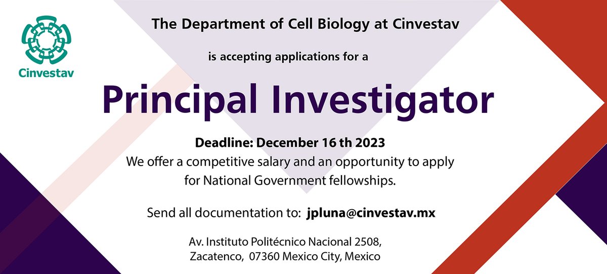 🚨 Position Available, Principal Investigator at Department of Cell Biology, Cinvestav

📍 Cinvestav Zacatenco
🔗 cinvestav.mx/Portals/0/site…?
ℹ️ jpluna@cinvestav.mx
