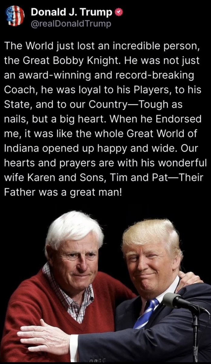 DanScavino's tweet photo. .@realDonaldTrump on the passing of Legendary Coach Bobby Knight… https://t.co/exNjF70i0r