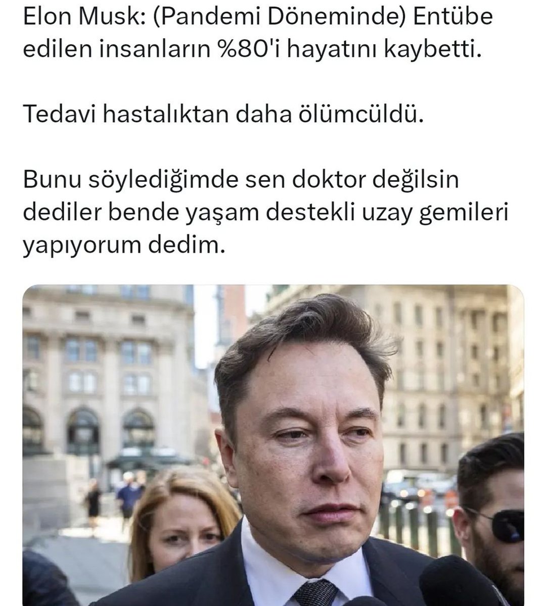 Elon Musk pandemi Döneminde entübe  edilen insanların %80 i hayatını kaybetti.yazik bunca insanımız bir düzmeceni in  bir yalanın kurbanı oldu.