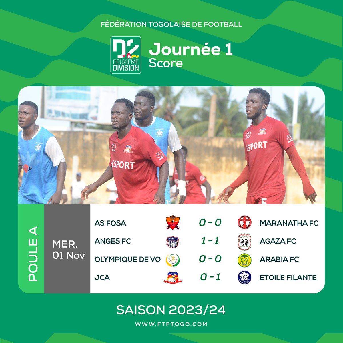 FtfTogolaise's tweet photo. 🟥#D2Togolaise

➡️1ère Journée

Résultats des rencontres de ce mercredi 1er novembre⬇️ https://t.co/tfJTPX6j1h